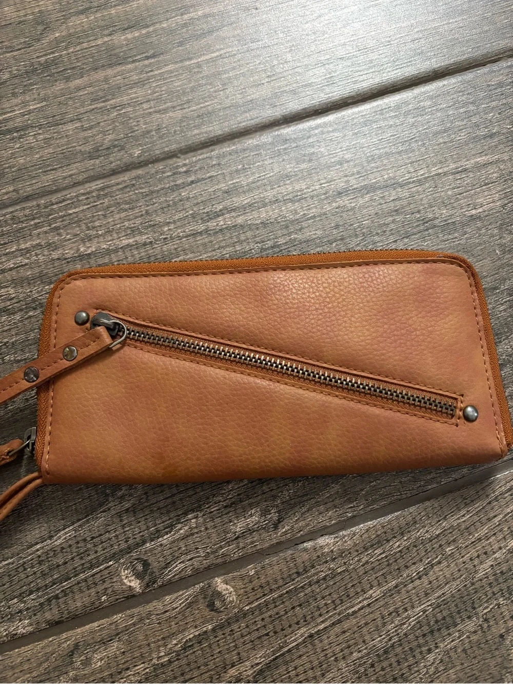 Free People / Cognac Brown Distressed Vegan Wallet Wristlet Clutch